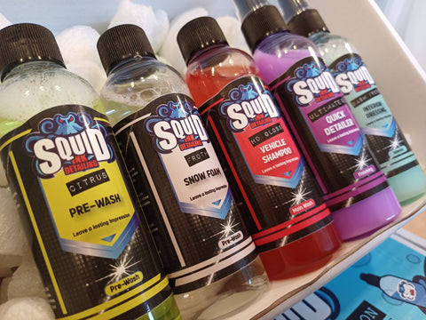 Squid Ink Detailing 100ml Sample Selection Box, containing 5 Squid Ink car care products. Includes Froth, Citrus, HD Gloss, Dash Dresh and Ultimate Quick Detailer